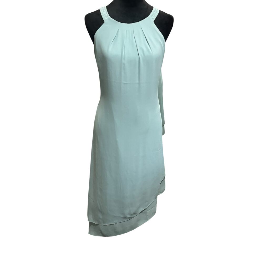 White House Black Market Teal Halter Dress – Asymmetrical Sheer Overlay – Size 4